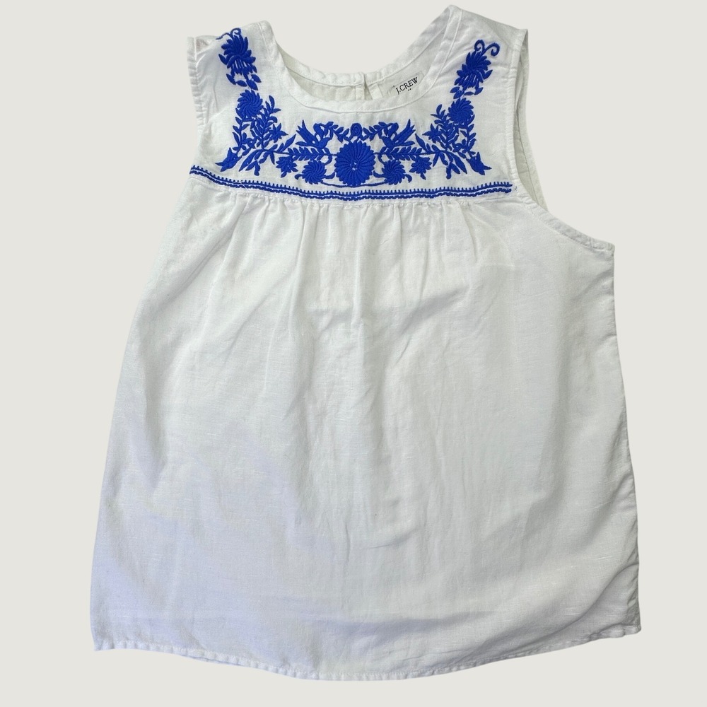 J.Crew Tank Blouse Womens 8 White Blue Floral Embroidered Linen Cotton Peasant - Picture 2 of 9